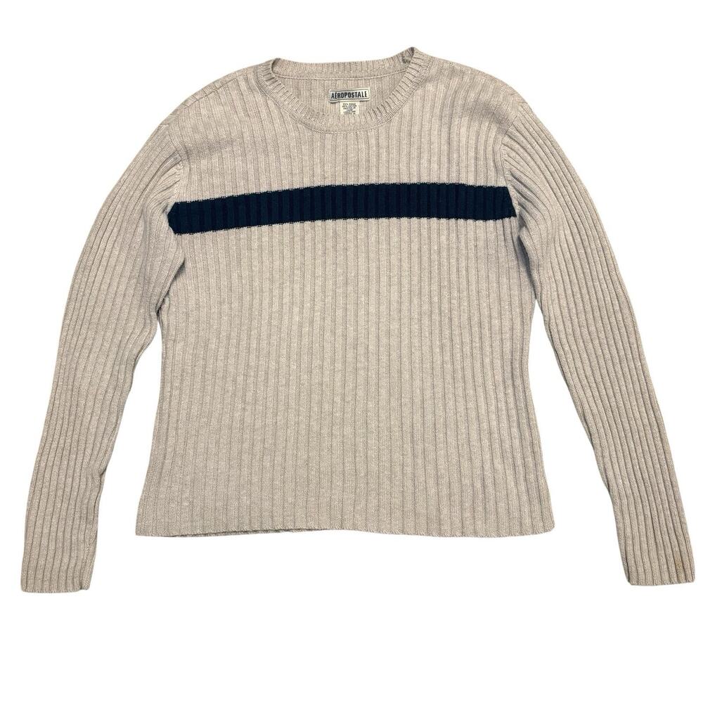 Aeropostale Sweater Mens Medium Beige Navy Striped Ribbed Y2K Fisherman Skater